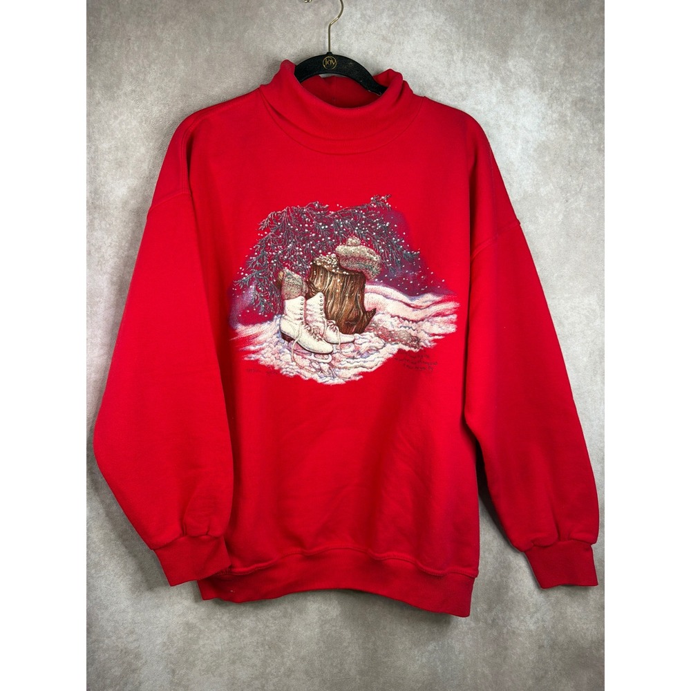 VTG 90s Northern Reflections Sweatshirt Large Red Ice Skates TurtleNeck USA